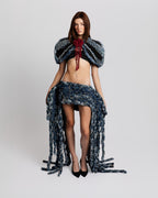 KROMANOX ART001 Braided Bloom Cape and ART002 Braided Bloom Skirt front view, hand-built from reconstructed second-hand denim
