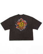 Back view of KROMANOX SPC012 Bloom Trace acid-wash T-shirt with multi-color screen printed artwork