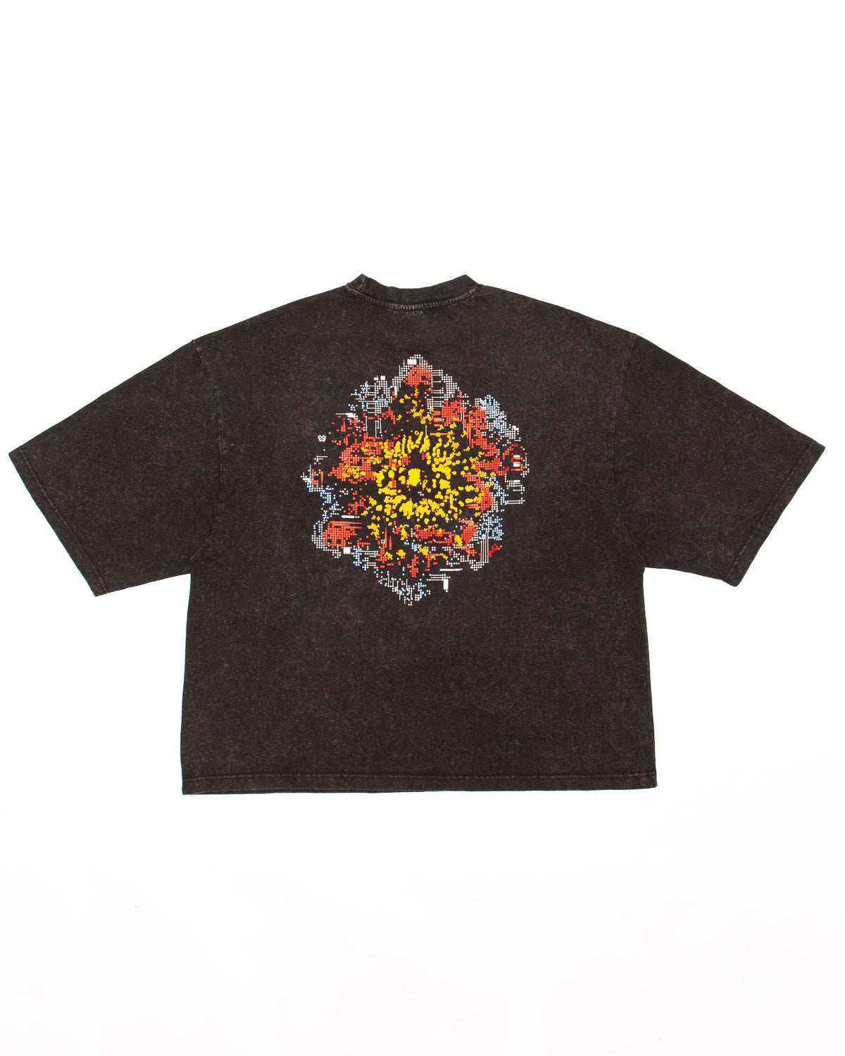 Back view of KROMANOX SPC012 Bloom Trace acid-wash T-shirt with multi-color screen printed artwork