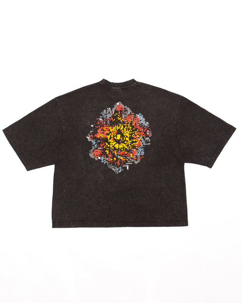 Back view of KROMANOX SPC012 Bloom Trace acid-wash T-shirt with multi-color screen printed artwork