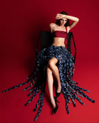 KROMANOX ART002 Braided Bloom Skirt in reconstructed and hand-braided denim and T011 Silk Tie Top front view. KX-01 FORMATION